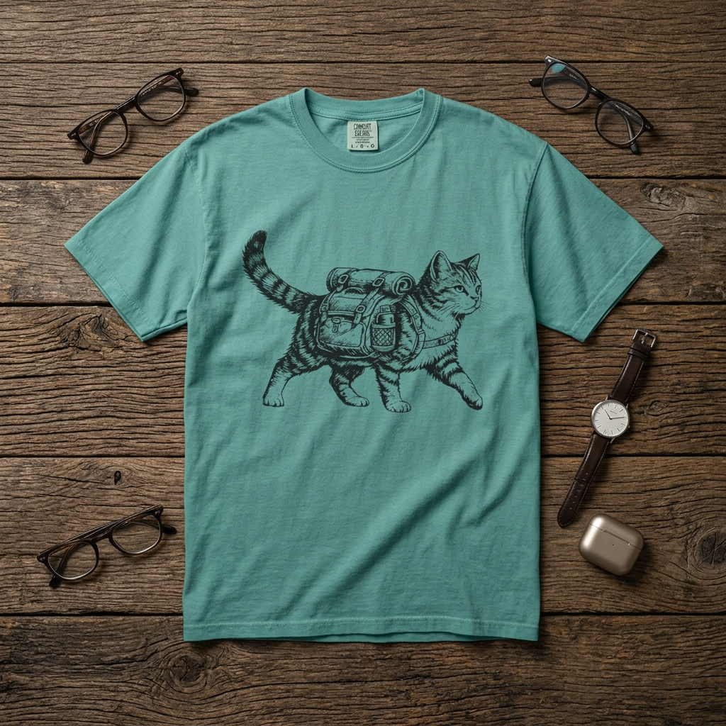 backpacking kitty hiking t-shirt