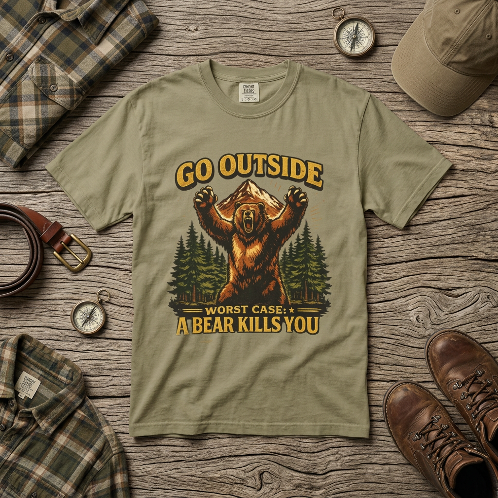 Go Outside, Worst Case a Bear Kills You Adult Garment-Dyed T-Shirt