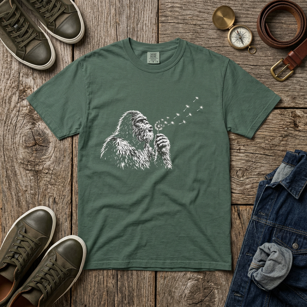 Sasquatch Blowing a Dandelion Garment-Dyed Adult T-Shirt